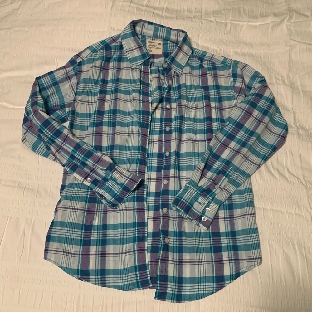 blue & purple plaid button down, super relaxed boyfriend fit, perfect for beach